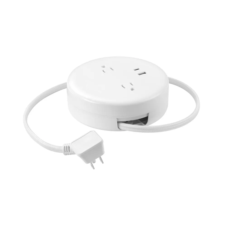 Retractable Cord Power Hub With Dual Outlets Compact White Power Station